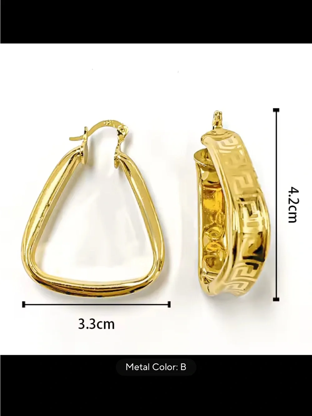 Gold Triangle Hoop Earrings with Greek Key Detail - Women's Jewelry